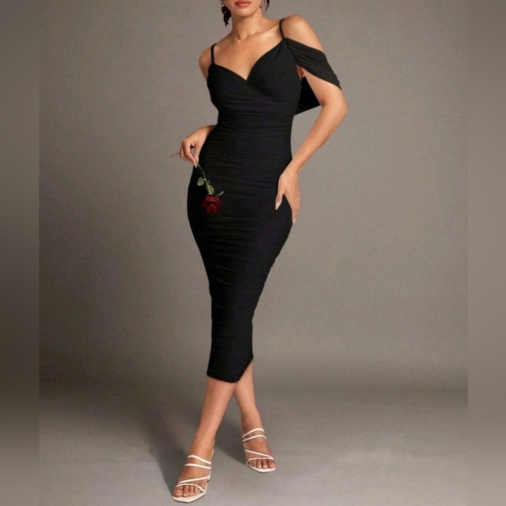 New Gorgeous Ruched Stretch Bodycon Off Shoulder Midi Dress Black